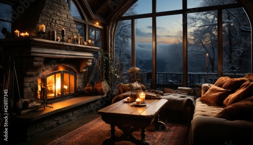 Warm glow from a fireplace by the window