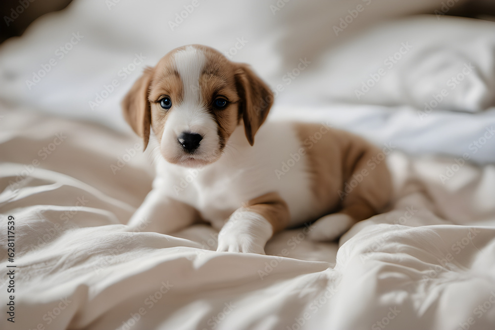 puppy sleeping on the bed , Generative AI 
