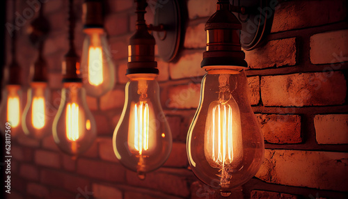 Decorative antique edison style light bulbs against brick wall background, old lamp on the wall, traditional chinese lantern festival Ai generated image 