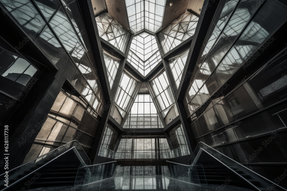Illustration of an escalator in a modern building with a glass skylight, created using generative AI