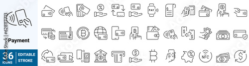 Set of 36 outline icons related to payment. Contains an icon such as NFC, money, bitcoin, credit card, credit card, Linear icon collection. Editable stroke. Vector illustration