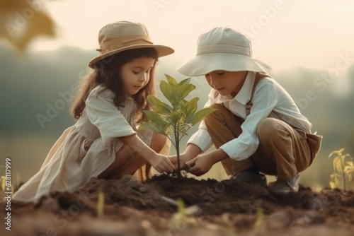 Two children planting a tree, sowing hope for a greener and more sustainable future for the environment,environmental conservation concept