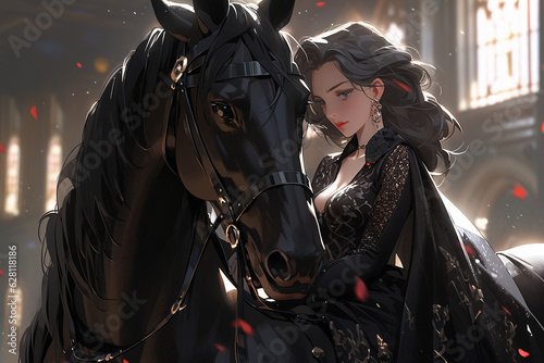Beautiful young woman in a black dress with a big black horse