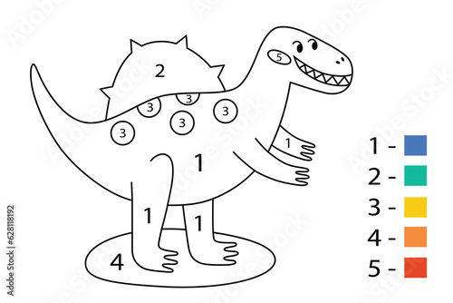 Coloring page with cartoon dinosaur, coloration activity by numbers, kids education, learning colors, spinosaurus with sail, happy reptile for coloring book, vector doodle illustration, isolated outli