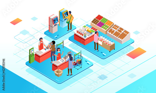 Isometric grocery market interior, supermarket showcase and checkout counter people shop and pay. simple digital
