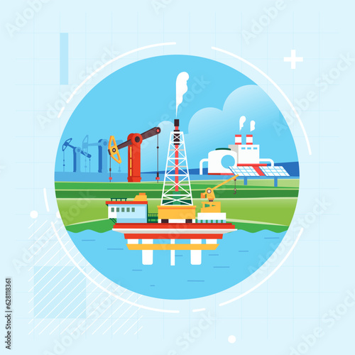 Energy industry offshore sea oil rig mining gas factory renewable power plant solar panel on circle frame