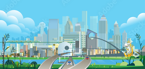 Future sustainability city futuristic Modern architecture towers and skyscrapers and green plants along empty road green smart city landscape illustration