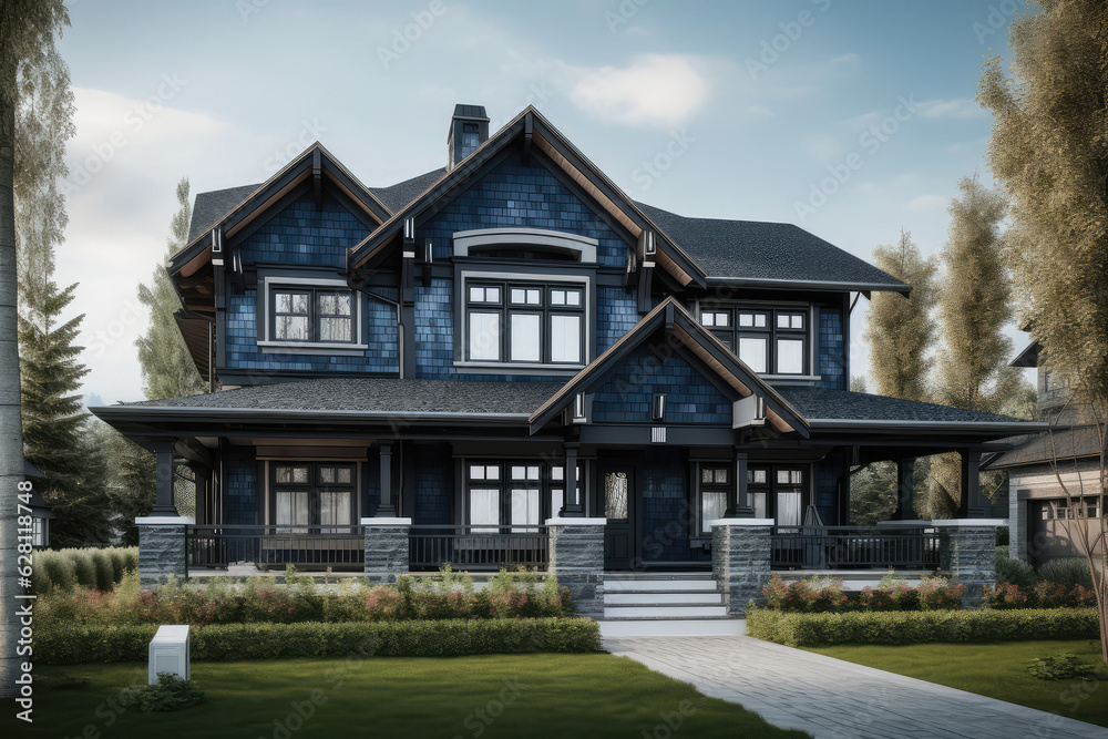 Luxurious new construction home, modern style home car garage, blue siding natural stone wall, generative AI