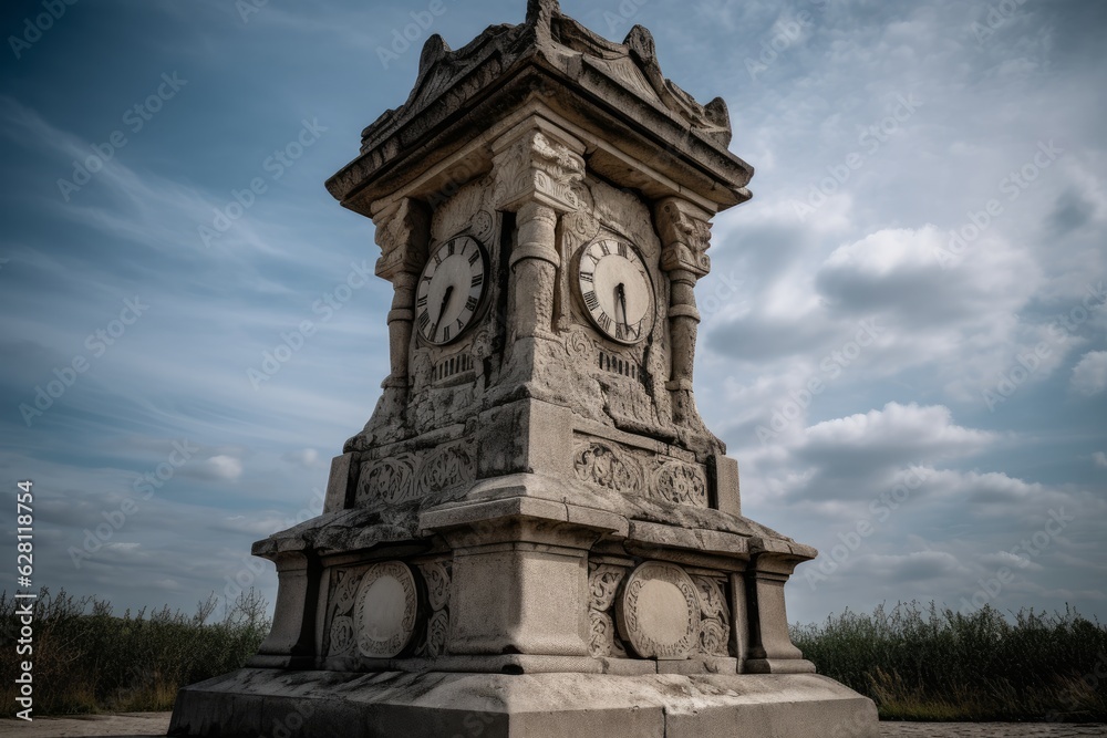 Illustration of a generative AI-created stone clock tower against a beautiful sky background, created using generative AI