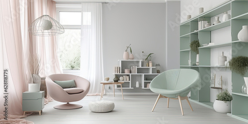 Modern interior in pastel colors. Light living room. Generative AI