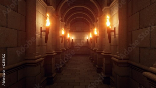 Animation of luxury tunnel movie style ancient mysterious Made of stone decorated with torches and arches 3d render illustration