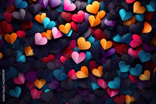 a bunch of colorful hearts on dark background