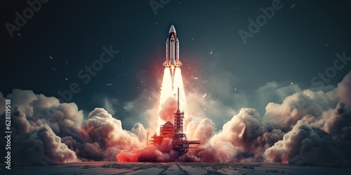 AI Generated. AI Generative. Rocket spaceship shuttle spacecraft launch. Space sgalaxy universe adventure exploration future travel vibe. Graphic Art