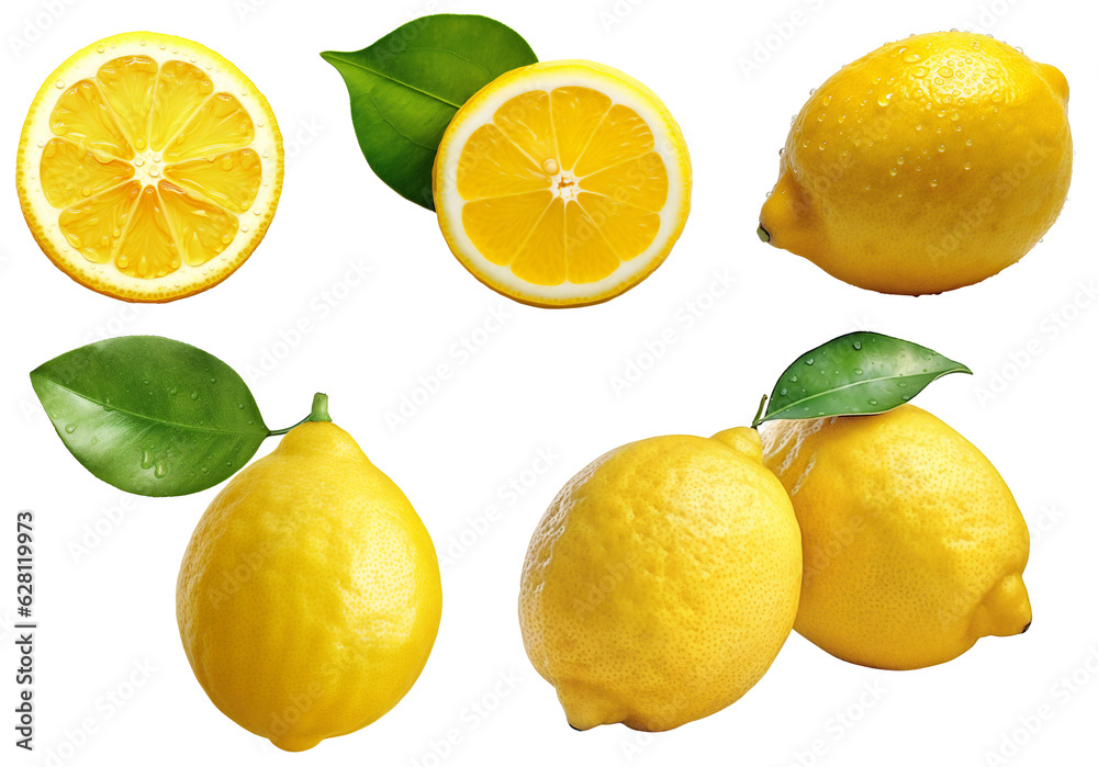 Lemon set. Lemon close up. Slice/circle of lemon. Two lemons with a green leaf. Isolated on a transparent background. KI. Lemon set. Lemon close up. Slice/circle of lemon. Two lemons with a green leaf. Isolated on a transparent background. KI.
