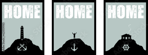 Poster Vektor Set - Home - Maritime Symbole mit Felsen in der Brandung