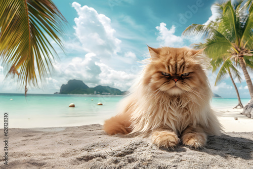 Grumpy persian cat on the beach. photo