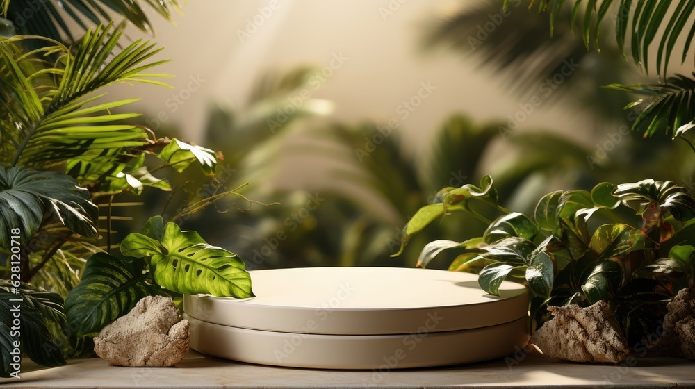 Podium pedestal for product presentation with nature leaves background. generative ai