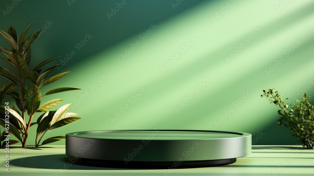 Green podium pedestal for luxury product presentation with green background. generative ai Green podium pedestal for luxury product presentation with green background. generative ai