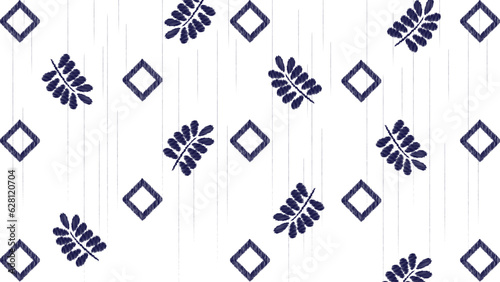 White and blue ikat ethnic design background, Seamless square and leaf curvy waves ikat pattern in tribal, folk embroidery abstract wave art. ornament print. Design for carpet, clothing, fashion.