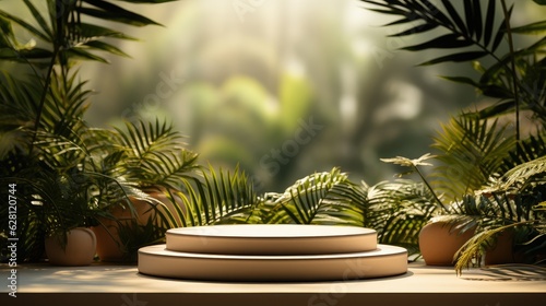 Podium pedestal for product presentation with nature leaves background. generative ai