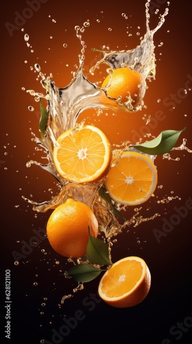 A cinematic shot of orange fruits falling with water splash  for commercial use  orange juice