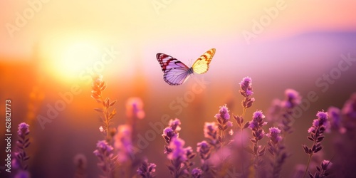 Beautiful natural pastel background. Butterfly and  flower against on a background of sunrise, Generative AI © Reeta
