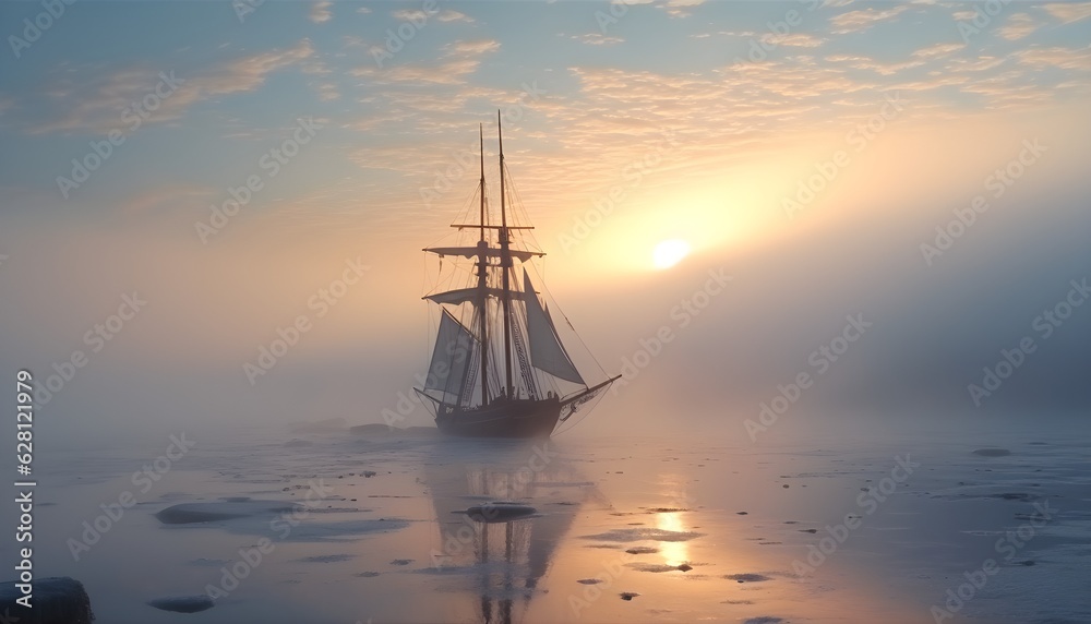 Abstract of an ancient sailing ship sails in the sea. The morning fog is still dense. Landscape. Generative AI. Illustration.