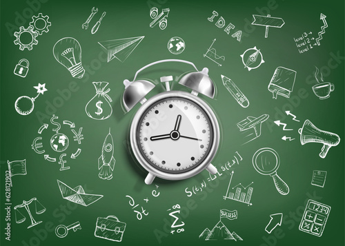 Ringing alarm clock on the background of a school chalk board with drawn doodles. Vector illustration