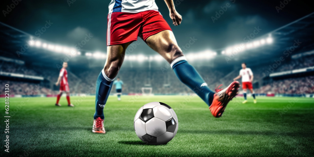 Fototapeta premium Professional soccer players or soccer player in action at the stadium with flashlights hitting the ball for the winning goal, wide angle. The concept of sport, competition, movement, overcoming.