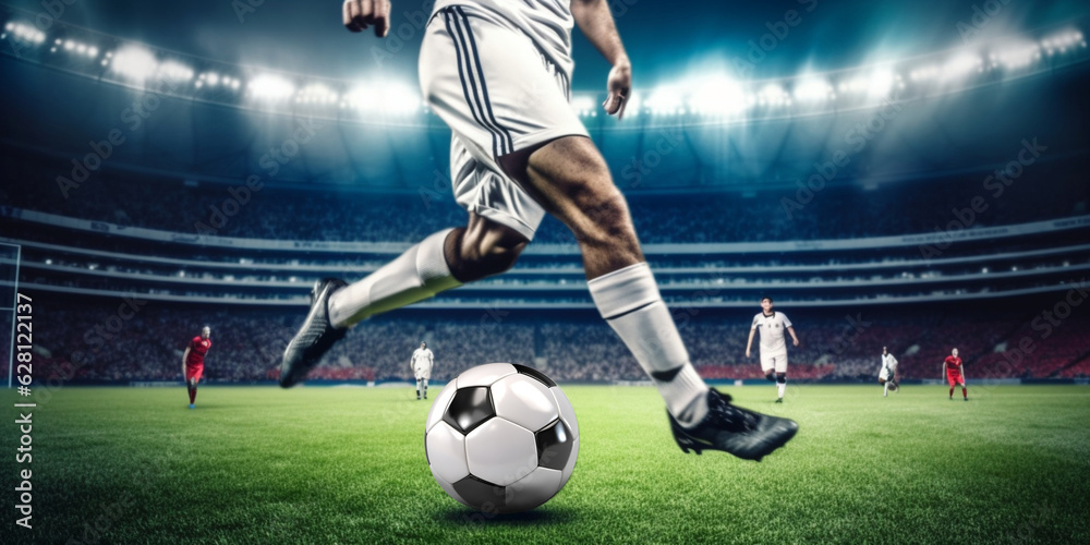 Professional soccer players or soccer player in action at the stadium with flashlights hitting the ball for the winning goal, wide angle. The concept of sport, competition, movement, overcoming.