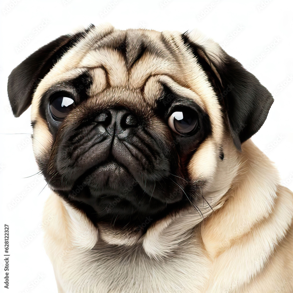 
The pug dog sits and looks directly into the camera. Sad big eyes.Generative AI 
