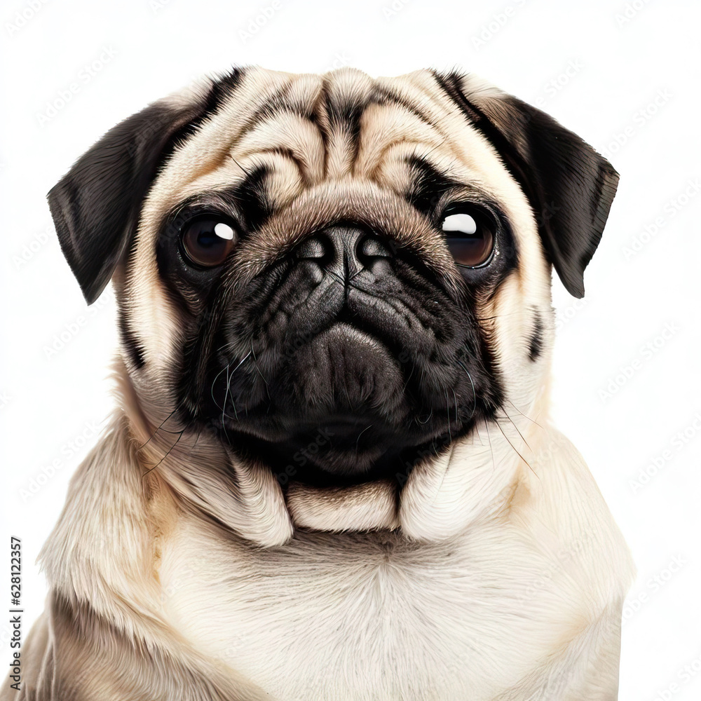 
The pug dog sits and looks directly into the camera. Sad big eyes.Generative AI 