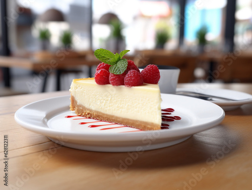 White delicious sweet cheesecake  on a plate on the table in a restaurant