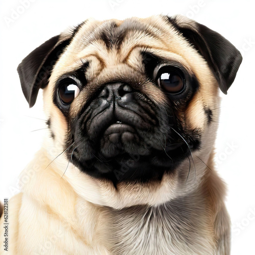  The pug dog sits and looks directly into the camera. Sad big eyes.Generative AI 