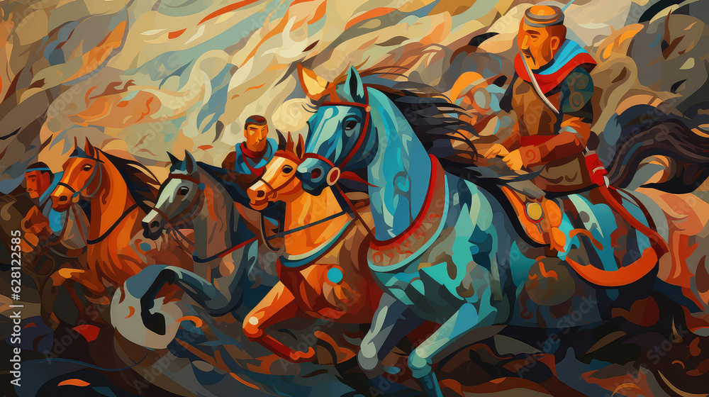 Art of ancient Tatar-Mongolian ancestors in abstract expressionism, vector art style