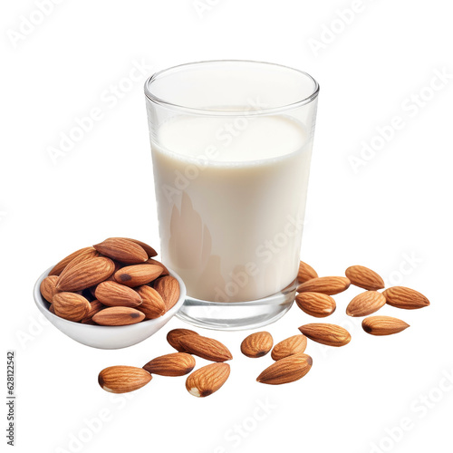 Isolated glass filled with almond milk next to a bunch of almonds on a cutout PNG transparent Background