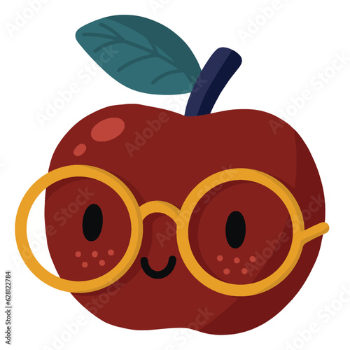 Vector hand drawn cartoon illustration cute happy red apple with eyeglasses