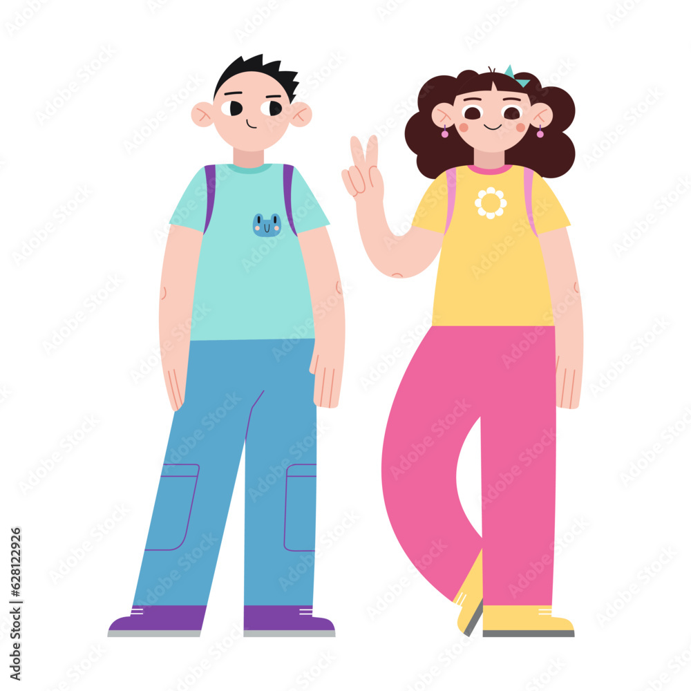 Girl and boy, pre teen or teenage kids, cartoon style. Classmates, school children standing together. Trendy modern vector illustration isolated on white, hand drawn, flat design