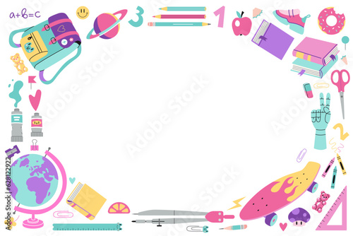 Back to school horizontal banner, round frame with cute stationery and art supplies, cartoon style. Bright pastel color. Trendy modern vector illustration isolated on white background, flat design