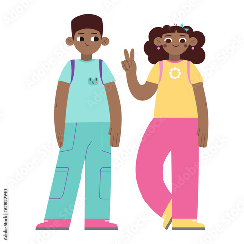 Girl and boy, pre teen or teenage african-american kids, cartoon style. Classmates, school children standing together. Trendy modern vector illustration isolated on white, hand drawn, flat design