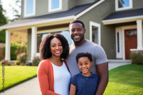 African American family in front of newly purchased house, smiling proudly. Home ownership, real estate and a life goal accomplishment
