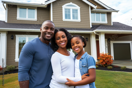 African American family in front of newly purchased house, smiling proudly. Home ownership, real estate and a life goal accomplishment