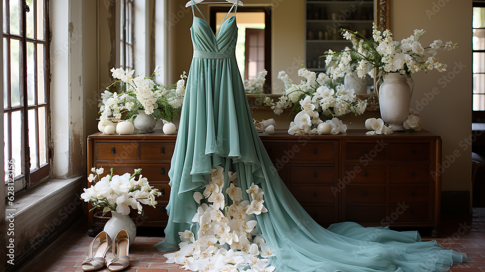Beautiful turquoise wedding dress with white flowers in a vintage setting Beautiful turquoise wedding dress with white flowers in a vintage setting