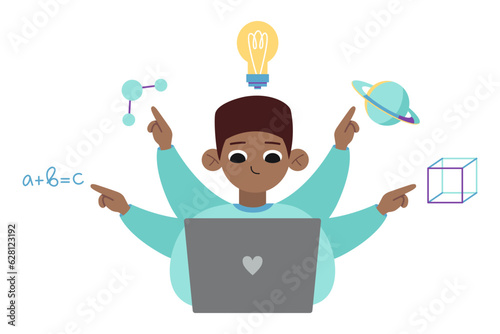 Teenage african-american boy with many arms using laptop computer to study various of academic subjects, multitasking, cartoon style. Trendy modern vector illustration isolated on white, flat design