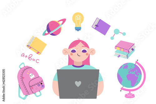 Teenage girl using laptop computer to study, cartoon style. Books, backpack, globe and school supplies are flying around. Trendy modern vector illustration isolated on white, hand drawn, flat design
