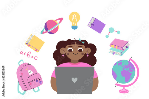 Teenage african-american girl using laptop computer to study, cartoon style. Books and school supplies are flying around. Trendy modern vector illustration isolated on white, hand drawn, flat design