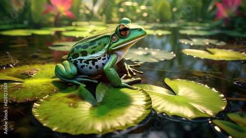 green frog on lily pads water