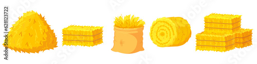 Straw bales. Stack of straw briquettes. Set with cartoon illustrations of dry yellow grass