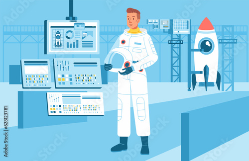 Male man cosmonaut with helmet and spacesuit at Space mission control room center start rocket in space Shuttle taking off
