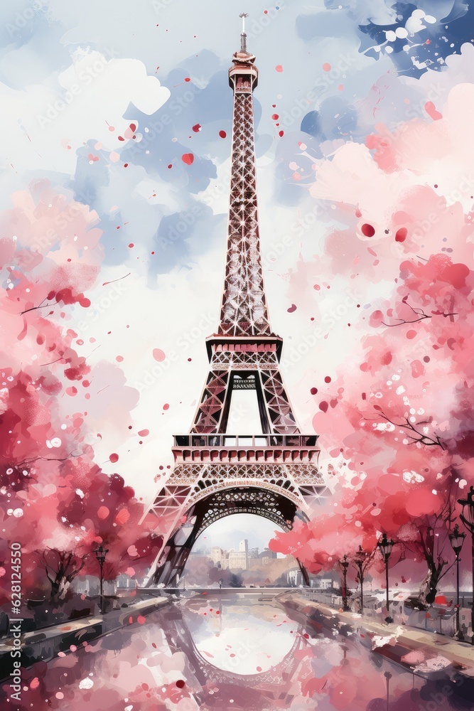 Watercolor Eiffel Tower and cherry blossom trees. Spring in Paris. Generative AI